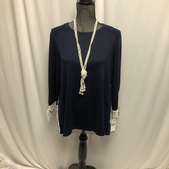 AB Studio Top Womens Size Medium Navy Blue White Stripe Layered Look Shirt NEW - Picture 1 of 6